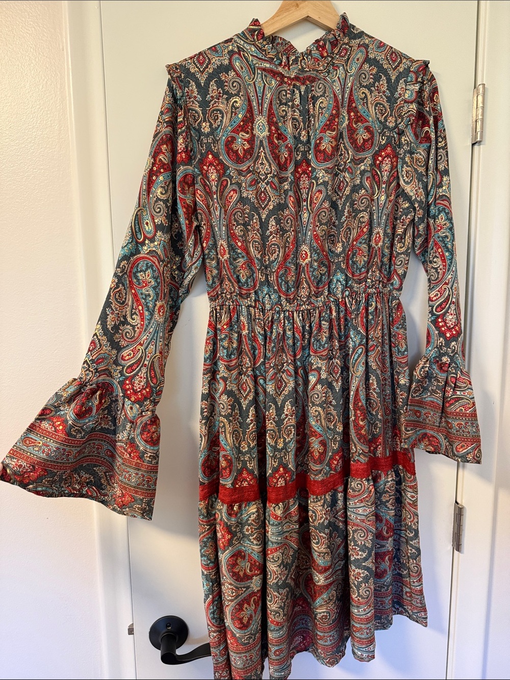 Paisley Mock-Neck Long Sleeve Midi Dress - Red & Teal